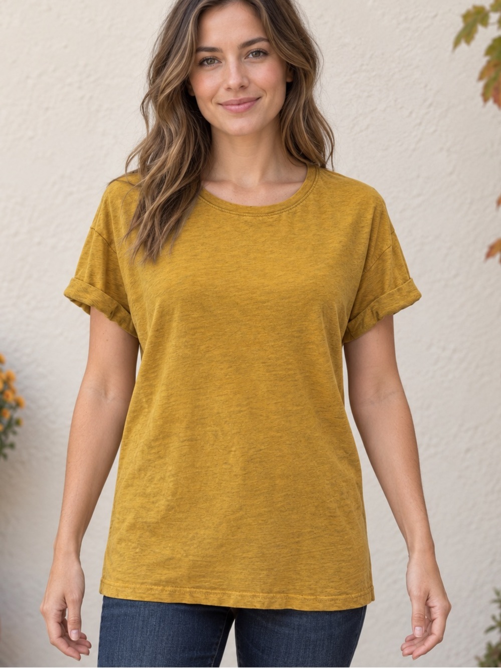 H&M Basic Mustard Yellow Cotton Rolled Sleeve Tee Shirt Small Relaxed Slub